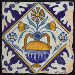 Flower tile, orange, brown, green, and blue on white, flowerpot in square, corner pattern palm, wall tile tile sculpture ceramic