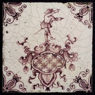 tile manufacturer: Aalmis, Cartouche tile, acrobat with saber, corner motif spider, wall tile tile sculpture ceramic earthenware