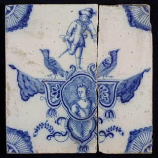tile manufacturer: Aalmis, Cartouche tile, acrobat with birds and woman's portrait, corner motif quarter rosette, wall tile