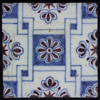 Ornament tile, blue on white, central square decor with purple rosette, along two blue diagonals diamond pattern, with flowers