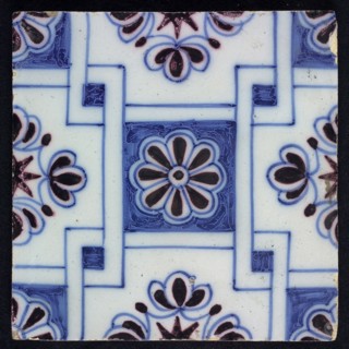 Ornament tile, blue on white, central square decor with purple rosette, along two blue diagonals diamond pattern, with flowers