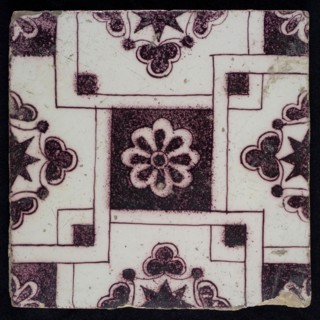 Ornament tile, purple rosette, Rotterdams rosette diamond, corner motif quarter rosette, wall tile tile sculpture ceramic