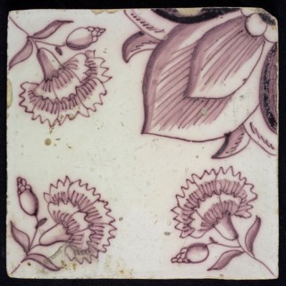 Light-purple ornament tile, central corner design consists of large quarter of flower, from every other corner comes stem