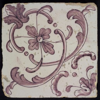 Purple ornament tile, diagonal decor, intersecting leaves, leaf with arch in corner, decentralized flower crossed by four half