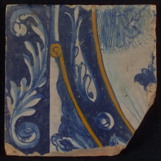 Five multi-colored tableau tiles (blue, yellow) with lower body of nude figure in ornamental border, tile picture footage