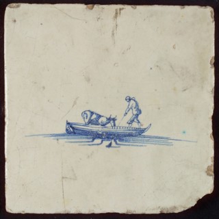 Scene tile, man is punting the boat with stick in the water, wall tile tile sculpture ceramic earthenware glaze, baked 2x glazed
