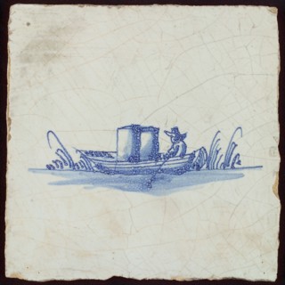 Scene tile, boat with rower, wall tile tile sculpture ceramic earthenware glaze, baked 2x glazed painted Blue on white