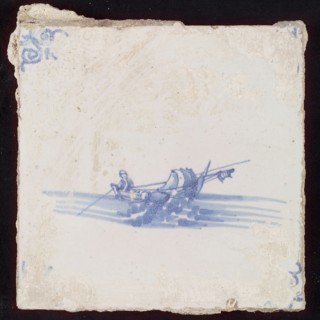 Scene tile, boat lowered with the mast, corner motif ox's head, wall tile tile sculpture ceramic earthenware glaze, baked 2x