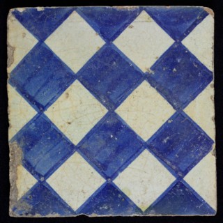 Ornament tile, blue on gray, with dark blue brushed check pattern, outline clearly seen, as checkerplate, small windows, floor
