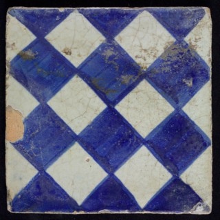 Ornament tile, blue on gray, with dark blue brushed check pattern, outline clearly seen, as checkerplate, small windows, floor