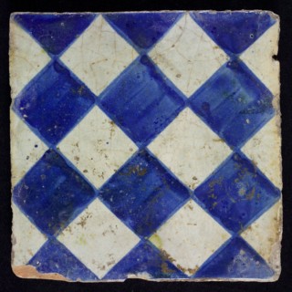 Ornament tile, blue on gray, with dark blue brushed check pattern, outline clearly seen, as checkerplate, small windows, floor