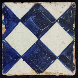 Ornament tile, checkerplate motif, large windows, floor tile tile images ceramic earthenware glaze, Dark blue on gray with dark