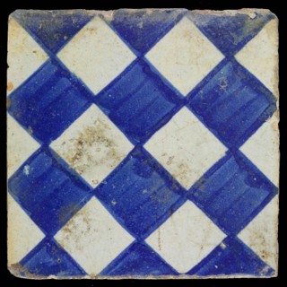 Decorative tile, blue on white, with light blue brushed check pattern as checkerplate, small windows, floor tile tile sculpture