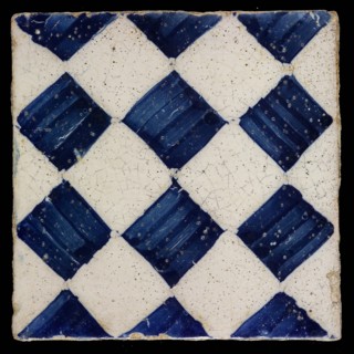 Ornament tile, checkerplate motif, small windows, floor tile tile images ceramic earthenware glaze, Blue on white with dark blue