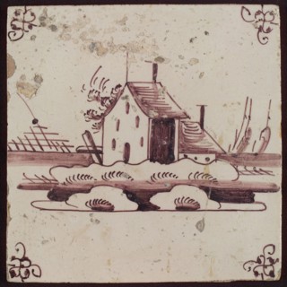 Scene tile, house with shed, corner motif spider, wall tile tile sculpture ceramic earthenware glaze, baked 2x glazed painted