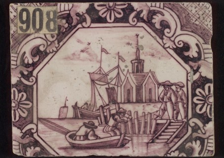 Scene tile, octagon boat with men, wall tile tile sculpture ceramic earthenware glaze, baked 2x glazed painted Purple on white