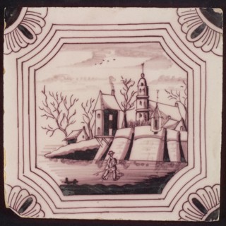 Scene tile, in double curved octagon, church with houses, corner motif quarter rosette, wall tile tile sculpture ceramic
