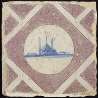 Scene tile, house and haystack, corner pattern half purple squares and white band, wall tile tile sculpture ceramic earthenware