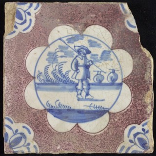 Scene tile, shepherd with stick and sheep, corner motif quarter floral pattern, wall tile tile sculpture ceramic earthenware
