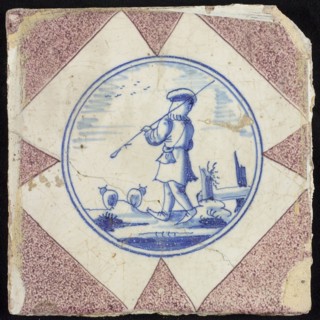 Figure tile, shepherd on the back seen in sheep, wall tile tile sculpture ceramic earthenware glaze, baked 2x glazed painted
