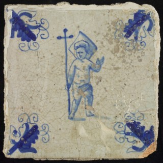 Figure tile, standing Christ child with staff on which cross, corner motif, creeper, wall tile tile sculpture ceramic
