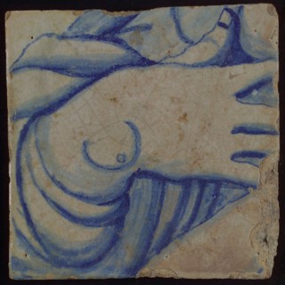 Tile with blue hand, tile picture footage fragment ceramics pottery glaze, d 1.1