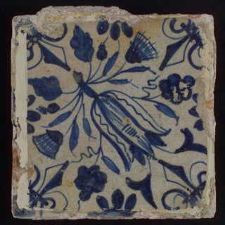 Ornament tile, diagonally placed tulip with rosette, corner pattern french lily, wall tile tile sculpture ceramic earthenware