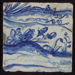 Tile with blue plants on hill, tile pilaster footage fragment ceramic pottery glaze, d 1.4