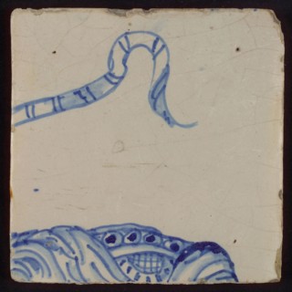 Eight tiles of tableau with in blue woman with cross and book, ribbons in her, tile picture footage fragment ceramics pottery
