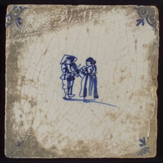 Scene tile, double child's play, playing on violin and singing, corner motif ox's head, wall tile tile sculpture ceramic