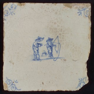 Scene tile, double child's play, fish, corner motif ox's head, wall tile tile sculpture ceramic earthenware glaze, baked 2x