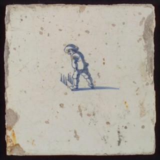 Scene tile, child's play, skittles, wall tile tile sculpture ceramic earthenware glaze, baked 2x glazed painted Blue on white
