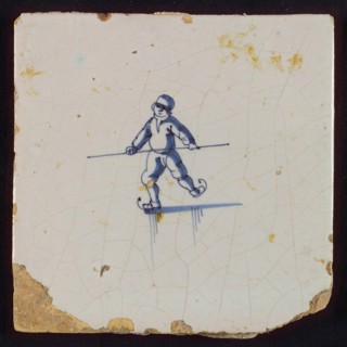 Scene tile, child's play, skating, wall tile tile sculpture ceramic earthenware glaze, baked 2x glazed painted Blue on white