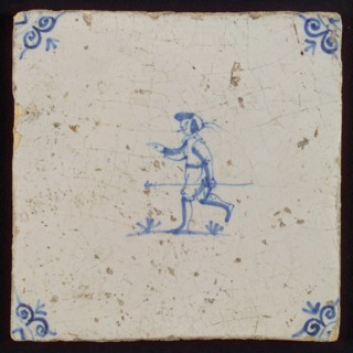 Figure tile, man with rake, Corner motif ox's head, wall tile tile sculpture ceramic earthenware glaze, baked 2x glazed painted