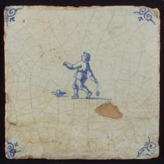 Scene tile, child's play, chiseling, corner motif ox's head, wall tile tile sculpture ceramic earthenware glaze, baked 2x glazed