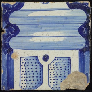 Tile of chimney pilaster, in blue on white, part of column with basement with part of baluster, division with dots, chimney