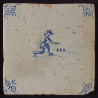 Scene tile, child's play, koot, corner motif ox's head, wall tile tile sculpture ceramic earthenware glaze, baked 2x glazed