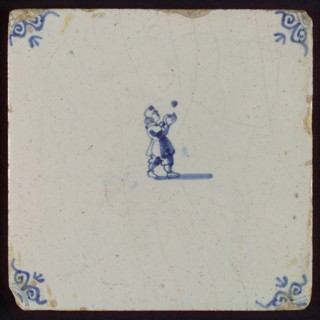 Scene tile, child's play, child with ball, corner motif ox's head, wall tile tile sculpture ceramic earthenware glaze, baked 2x