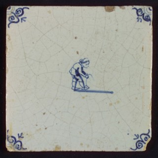 Scene tile, child's play, chiseling, corner motif ox's head, wall tile tile sculpture ceramic earthenware glaze, baked 2x glazed