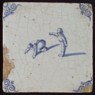 Scene tile, double child's play, leapfrog, corner motif ox's head, wall tile tile sculpture ceramic earthenware glaze, baked 2x
