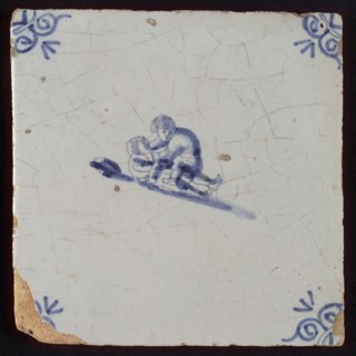 Scene tile, double child's play, fight, corner motif ox's head, wall tile tile sculpture ceramic earthenware enamel tinglage