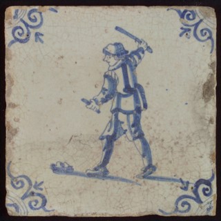 Scene tile, child's play, tipping, corner motif ox's head, wall tile tile sculpture ceramic earthenware glaze, baked 2x glazed