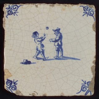 Scene tile, double child's play, play with ball, corner motif ox's head, wall tile tile sculpture ceramic earthenware glaze