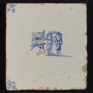 Scene tile, double child's play, print stand, corner motif ox's head, wall tile tile sculpture ceramic earthenware glaze, baked