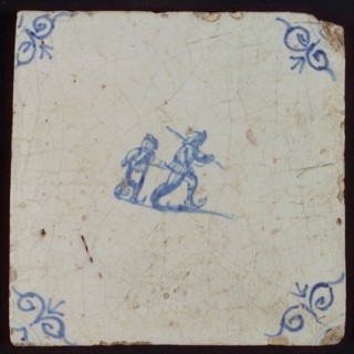 Scene tile, double child's play, ice skating, corner pattern ox's head, wall tile tile sculpture ceramic earthenware glaze