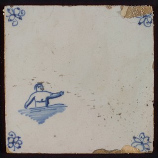 Scene tile, child's play, swimming, corner motif spider, wall tile tile sculpture ceramic earthenware glaze, baked 2x glazed