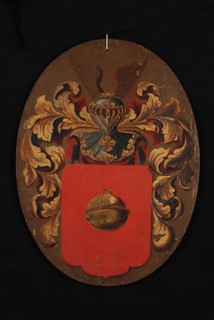 Coat of arms with bell, oval panel, painting visual material wood oil, heraldry