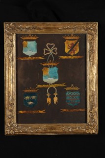 Coat of arms Van Hoogwerff with four trunk parts, painting footage watercolor wood glass paper, Coat of arms in frame behind