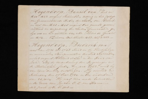 Handwritten concise description of functions performed by Daniël and Diederik van Hogendorp, and signature of both, cut out