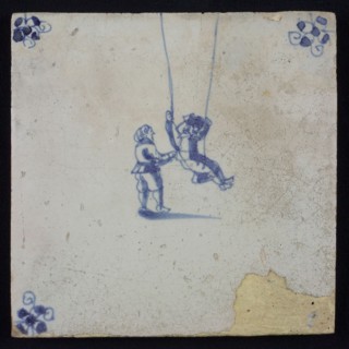 Scene tile, double child's play, rocking, corner motif spider, wall tile tile sculpture ceramic earthenware enamel tinglage